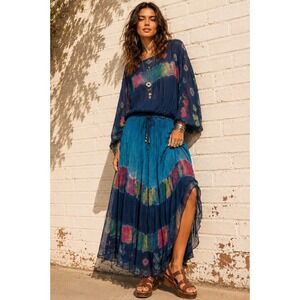 Vintage Take Away Blue Cotton Tie Dye 2 Piece Maxi Skirt and Top Set Boho OS